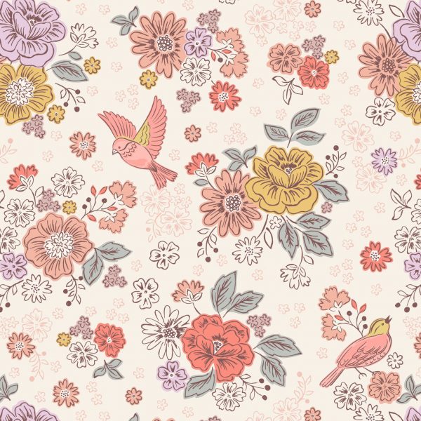 A614.1 Songbirds and Flowers on Cream