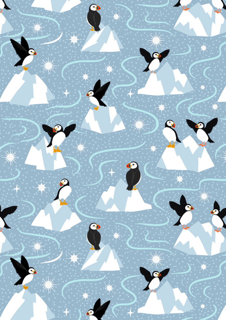 puffins on iceberg-greyblue
