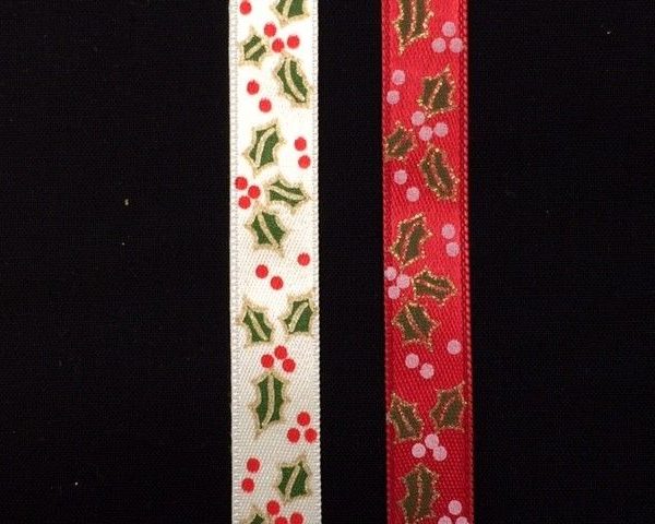 Christmas-Holly-Berry-Satin-Ribbon-Cream-or-Red-by-the-metre-253350291133
